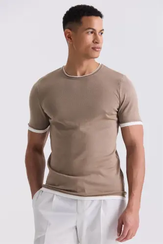 Bej Slim Fit Triko Bisiklet Yaka T-Shirt - JAKAMEN (1)