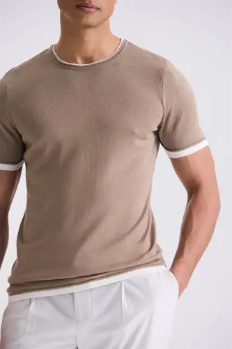Bej Slim Fit Triko Bisiklet Yaka T-Shirt - 4