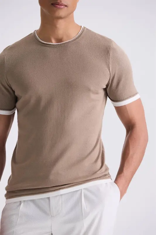 Bej Slim Fit Triko Bisiklet Yaka T-Shirt - 4