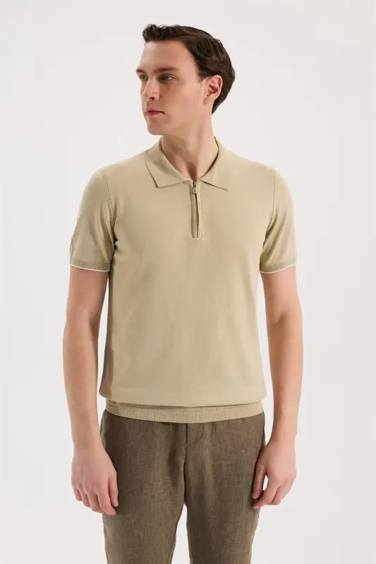 Bej Slim Fit Triko Fermualı Polo Yaka T-Shirt - JAKAMEN