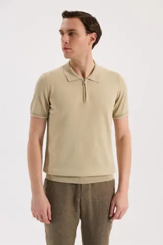 Bej Slim Fit Triko Fermualı Polo Yaka T-Shirt - 1