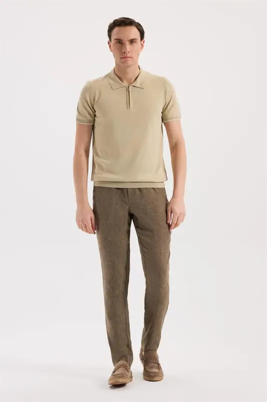 Bej Slim Fit Triko Fermualı Polo Yaka T-Shirt - 2