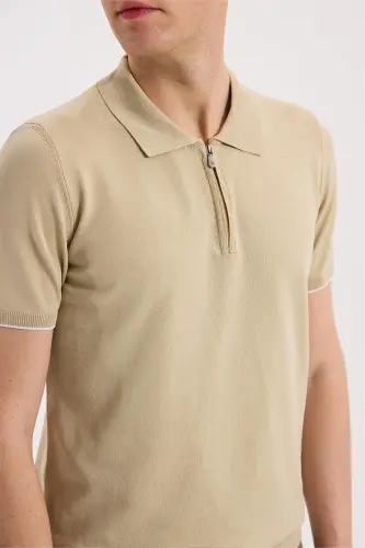 Bej Slim Fit Triko Fermualı Polo Yaka T-Shirt - 3
