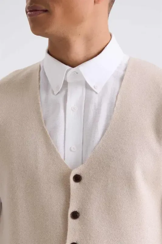 Bej Slim Fit Tugmali Triko Yelegi - 3