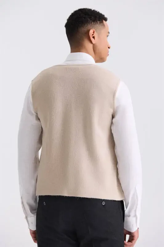 Bej Slim Fit Tugmali Trikotaj Jilet - 4