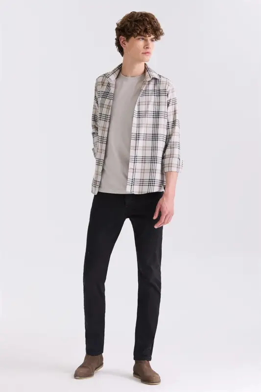 Bej Slim Fit Tugmali Ust Kiyim Ekoseli Ko'ylak - 2
