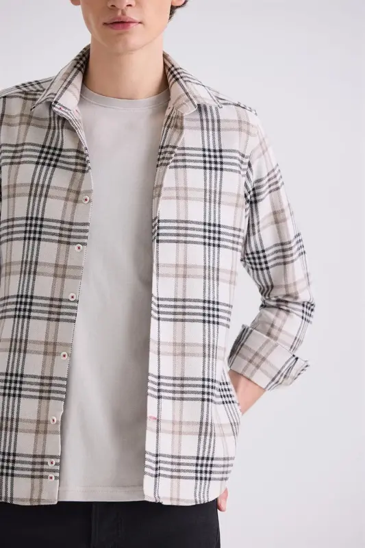 Bej Slim Fit Tugmali Ust Kiyim Ekoseli Ko'ylak - 3