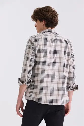 Bej Slim Fit Tugmali Ust Kiyim Ekoseli Ko'ylak - 4