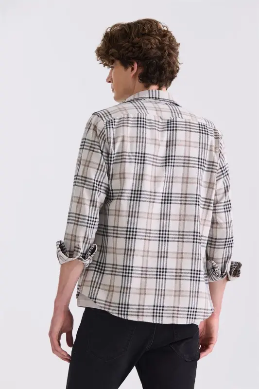 Bej Slim Fit Tugmali Ust Kiyim Ekoseli Ko'ylak - 4