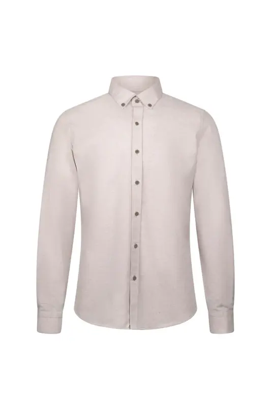 Bej Slim Fit Uzun Kollu Düğmeli Yaka Pamuklu Gömlek-Bej - HATEMOĞLU