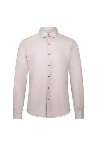 Bej Slim Fit Uzun Kollu Düğmeli Yaka Pamuklu Gömlek-Bej - 1