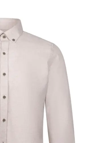 Bej Slim Fit Uzun Kollu Düğmeli Yaka Pamuklu Gömlek-Bej - 3
