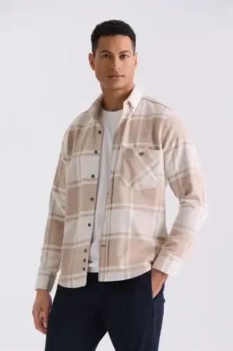 Bej Slim Fit Yaka Düğmeli Ekoseli Gömlek 