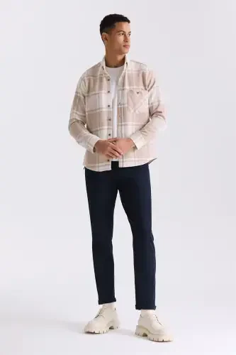 Bej Slim Fit Yaka Düğmeli Ekoseli Gömlek - 2