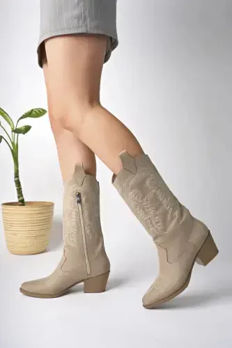 Bej Süet Nakışlı Yeni Sezon Kadın Kovboy Çizme-Bej - BAKACSTORE (1)