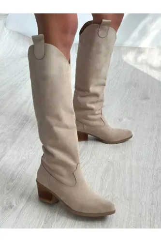Bej Süet Western Tarzı Dizaltı Uzun Kadın Çizme-BEJ - 3