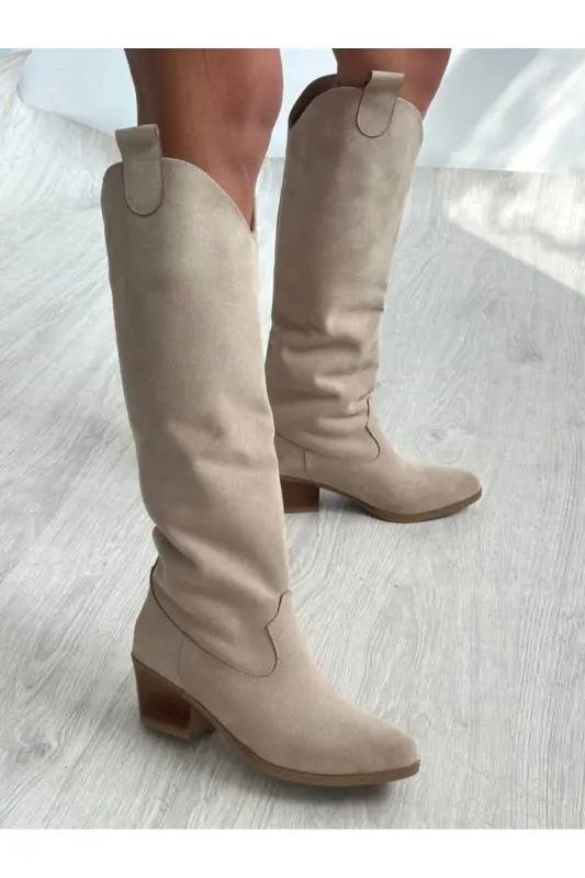 Bej Süet Western Tarzı Dizaltı Uzun Kadın Çizme-BEJ - 3