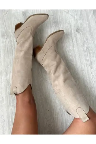 Bej Süet Western Tarzı Dizaltı Uzun Kadın Çizme-BEJ - 4