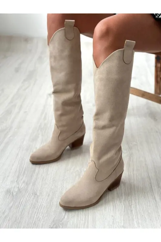 Bej Süet Western Tarzı Dizaltı Uzun Kadın Çizme-BEJ - 2