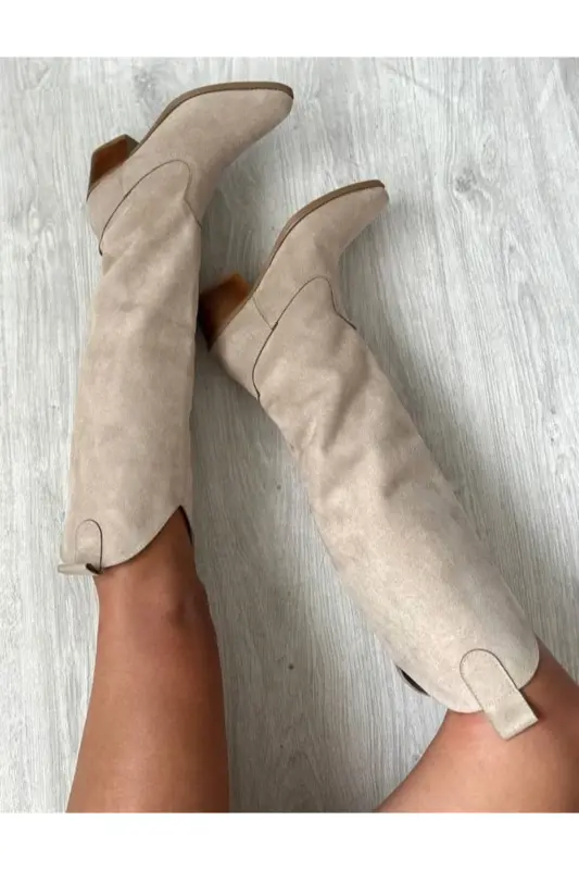 Bej Süet Western Tarzı Dizaltı Uzun Kadın Çizme-BEJ - 4