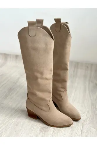 Bej Süet Western Tarzı Dizaltı Uzun Kadın Çizme-BEJ - 5