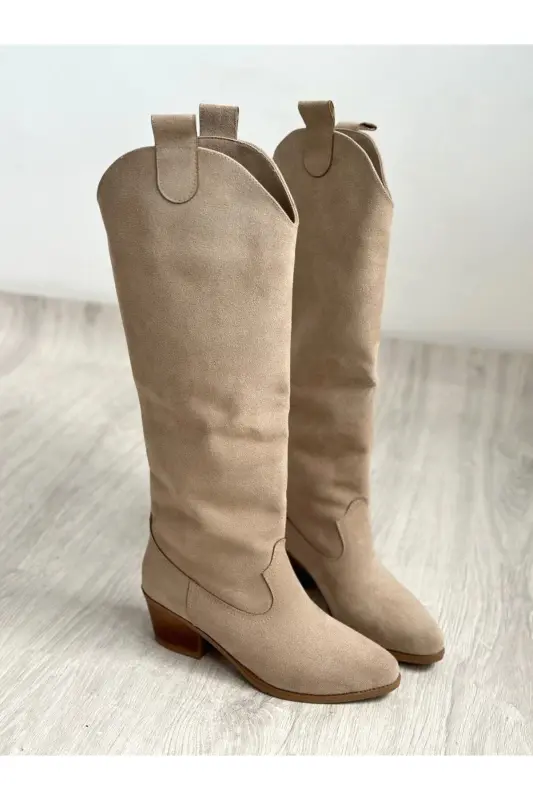 Bej Süet Western Tarzı Dizaltı Uzun Kadın Çizme-BEJ - 5
