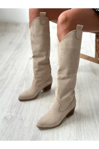 Bej Süet Western Tarzı Dizaltı Uzun Kadın Çizme - BEJ - SHOEBOURNE (1)