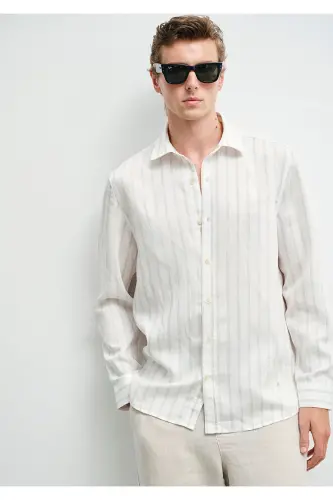 Bej Çizgili Ekru (TENCEL™) Liyosel Karışımlı Gömlek Regular Fit / Normal Kesim 0211618-70321 - Kahverengi-70321 - 1