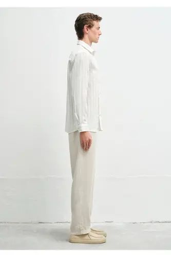 Bej Çizgili Ekru (TENCEL™) Liyosel Karışımlı Gömlek Regular Fit / Normal Kesim 0211618-70321 - Kahverengi-70321 - 4