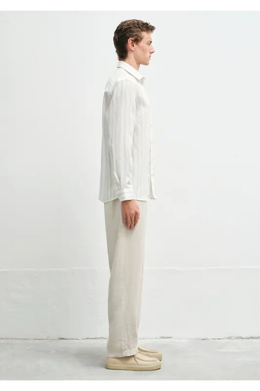 Bej Çizgili Ekru (TENCEL™) Liyosel Karışımlı Gömlek Regular Fit / Normal Kesim 0211618-70321 - Kahverengi-70321 - 4