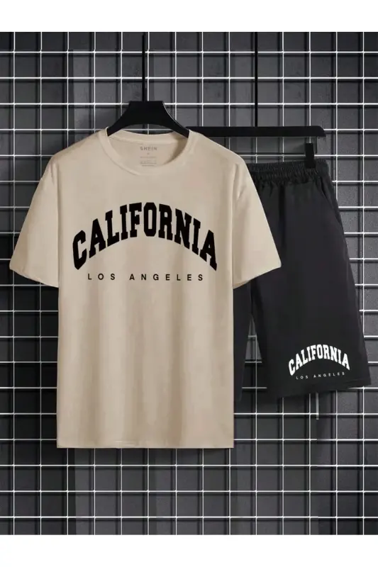 bej tişortlu california baskılı alt ust şortlu oversize takım - bej-siyah - 1