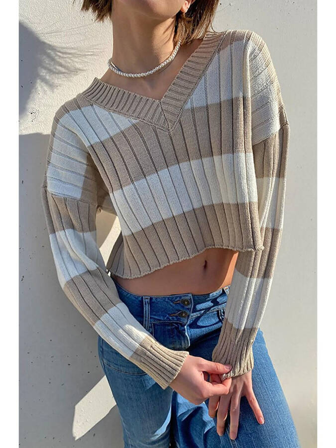 Bej V Yaka Çizgili Crop Kadın Kazak Mg1441-Bej - 2