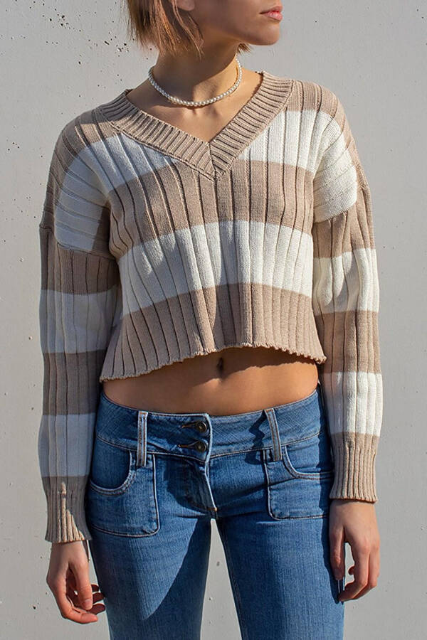 Bej V Yaka Çizgili Crop Kadın Kazak Mg1441-Bej - 7