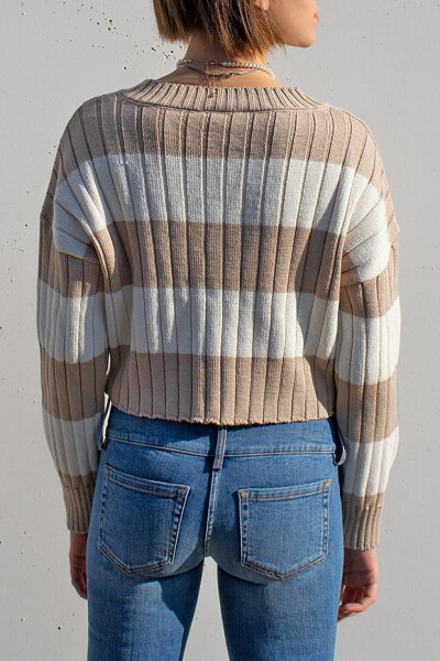 Bej V Yaka Çizgili Crop Kadın Kazak Mg1441-Bej - 9
