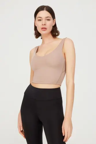 Bej V Yaka Hafif Destekli Kaplı Spor Sütyeni Vneck - Bej - 1
