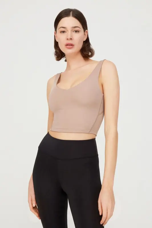 Bej V Yaka Hafif Destekli Kaplı Spor Sütyeni Vneck - Bej - 1