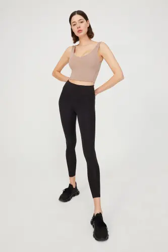 Bej V Yaka Hafif Destekli Kaplı Spor Sütyeni Vneck - Bej - 5