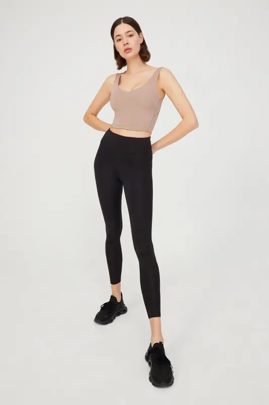 Bej V Yaka Hafif Destekli Kaplı Spor Sütyeni Vneck - Bej - 5