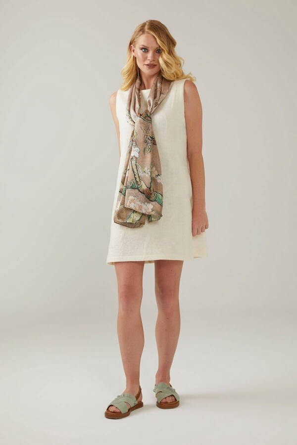 Bej 50x170 Badem Ağacı % 100 Saten Ipek Fular Eşarp-Bej - 3