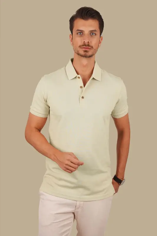 Bej Yaka Desenli Erkek Polo Yaka Tişört-Bej - 4