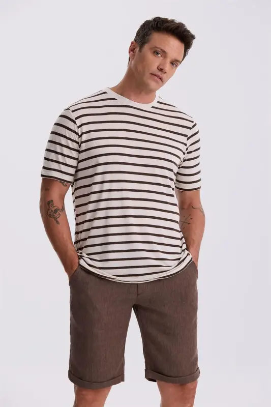 Bej yo'l-yo'lli Slim Fit velo'yaka Futbolka - 2