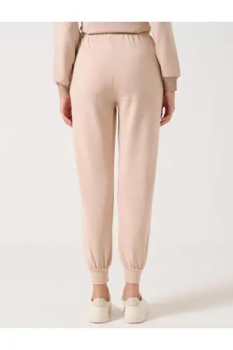 Bej Yüksek Bel Beli Bağlamalı Ribanalı Jogger Pantolon - Bej (BEJ-130) - 6