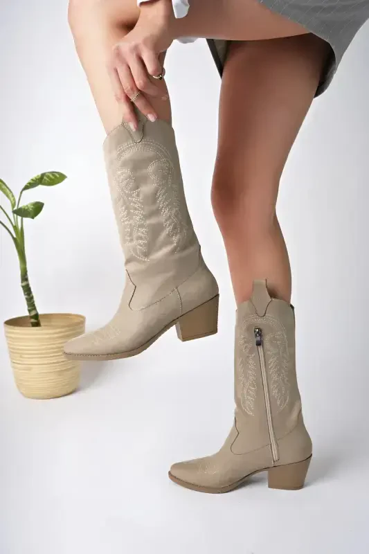 Bej zamsh kashtali yangi mavsum ayollar kovboy etiklari-Bej - 1