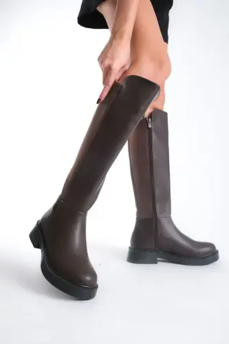Beja Coffee color, zippered, thick-soled, oval-toe, everyday stretch elastic knee-high boot. - 1