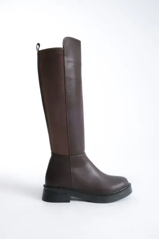 Beja Coffee color, zippered, thick-soled, oval-toe, everyday stretch elastic knee-high boot. - 2