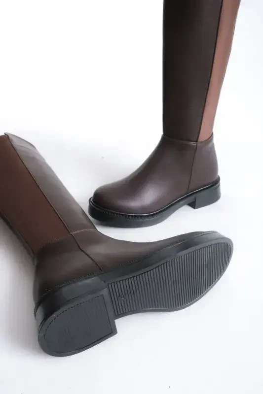 Beja Coffee color, zippered, thick-soled, oval-toe, everyday stretch elastic knee-high boot. - 3