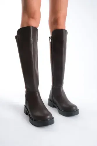 Beja Coffee color, zippered, thick-soled, oval-toe, everyday stretch elastic knee-high boot. - 4