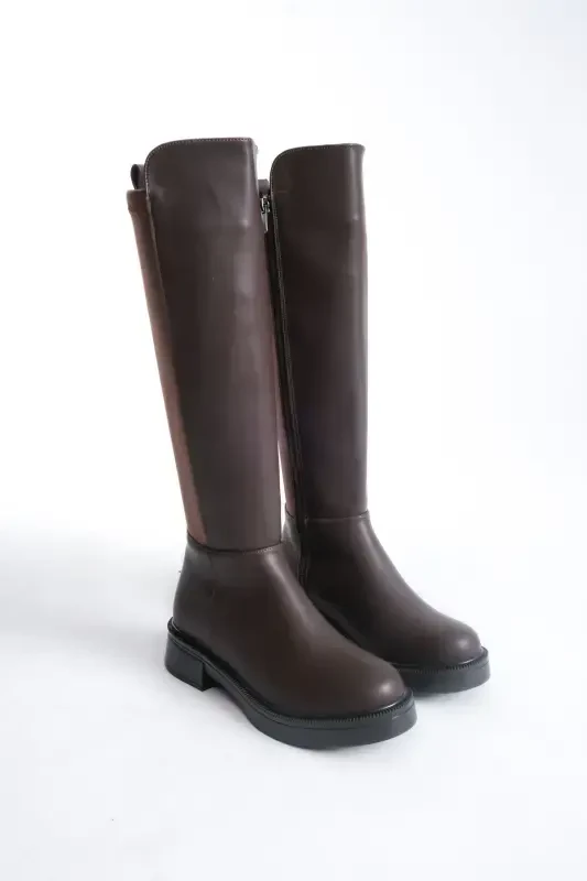 Beja Coffee color, zippered, thick-soled, oval-toe, everyday stretch elastic knee-high boot. - 5
