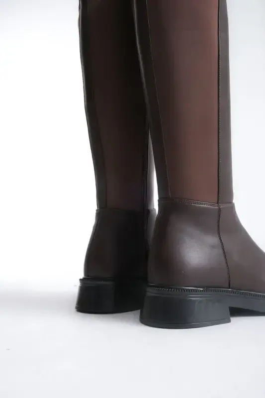 Beja Coffee color, zippered, thick-soled, oval-toe, everyday stretch elastic knee-high boot. - 6