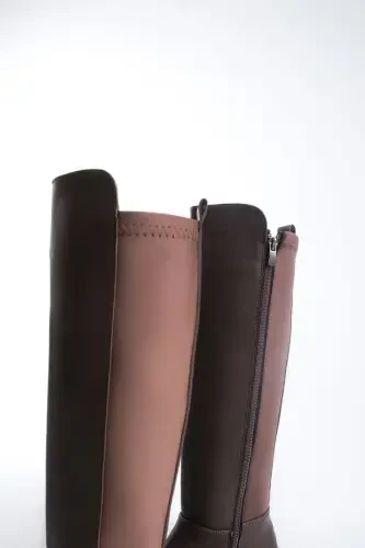 Beja Coffee color, zippered, thick-soled, oval-toe, everyday stretch elastic knee-high boot. - 7